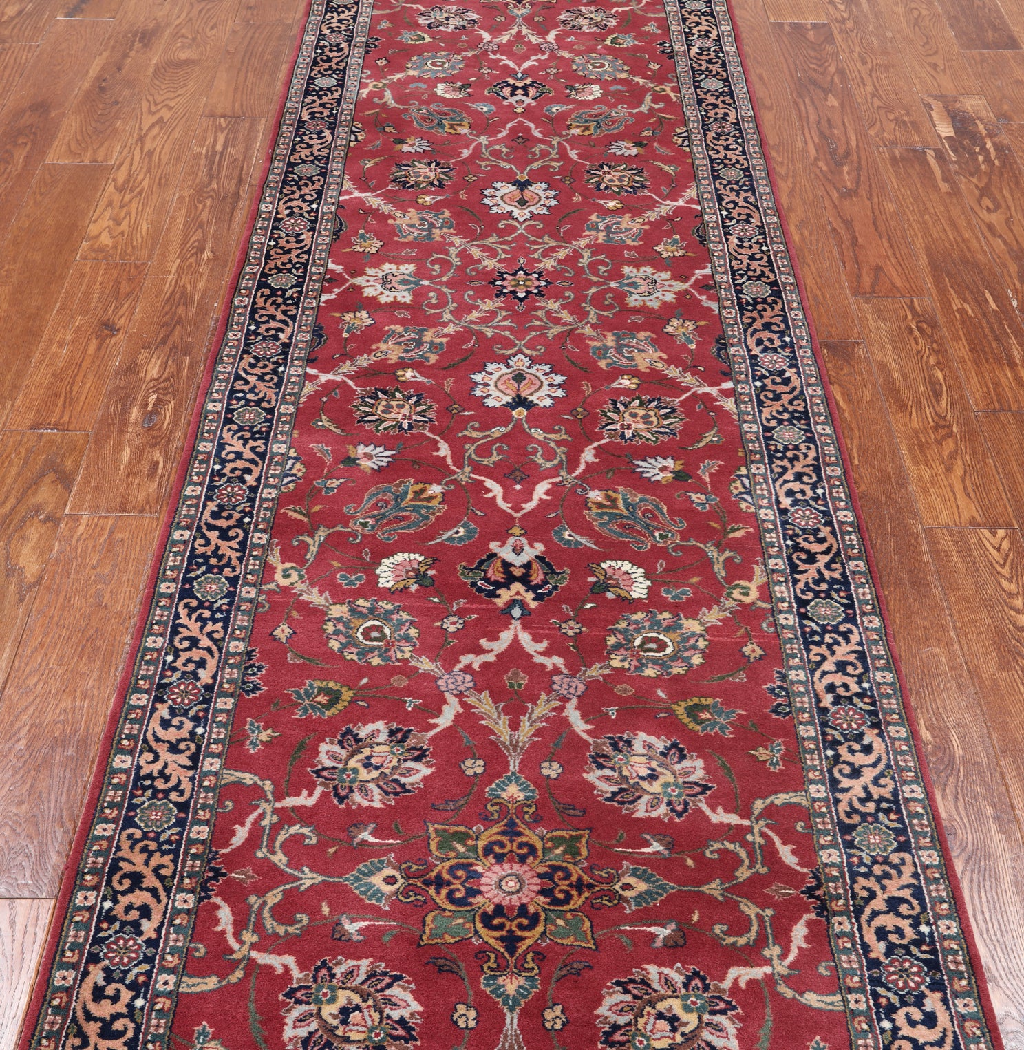 Wine/Navy Persian Fine Tabriz Hand Knotted Wool Runner Rug - 3' 0" X 10' 10"