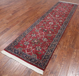Wine/Navy Persian Fine Tabriz Hand Knotted Wool Runner Rug - 3' 0" X 10' 10"