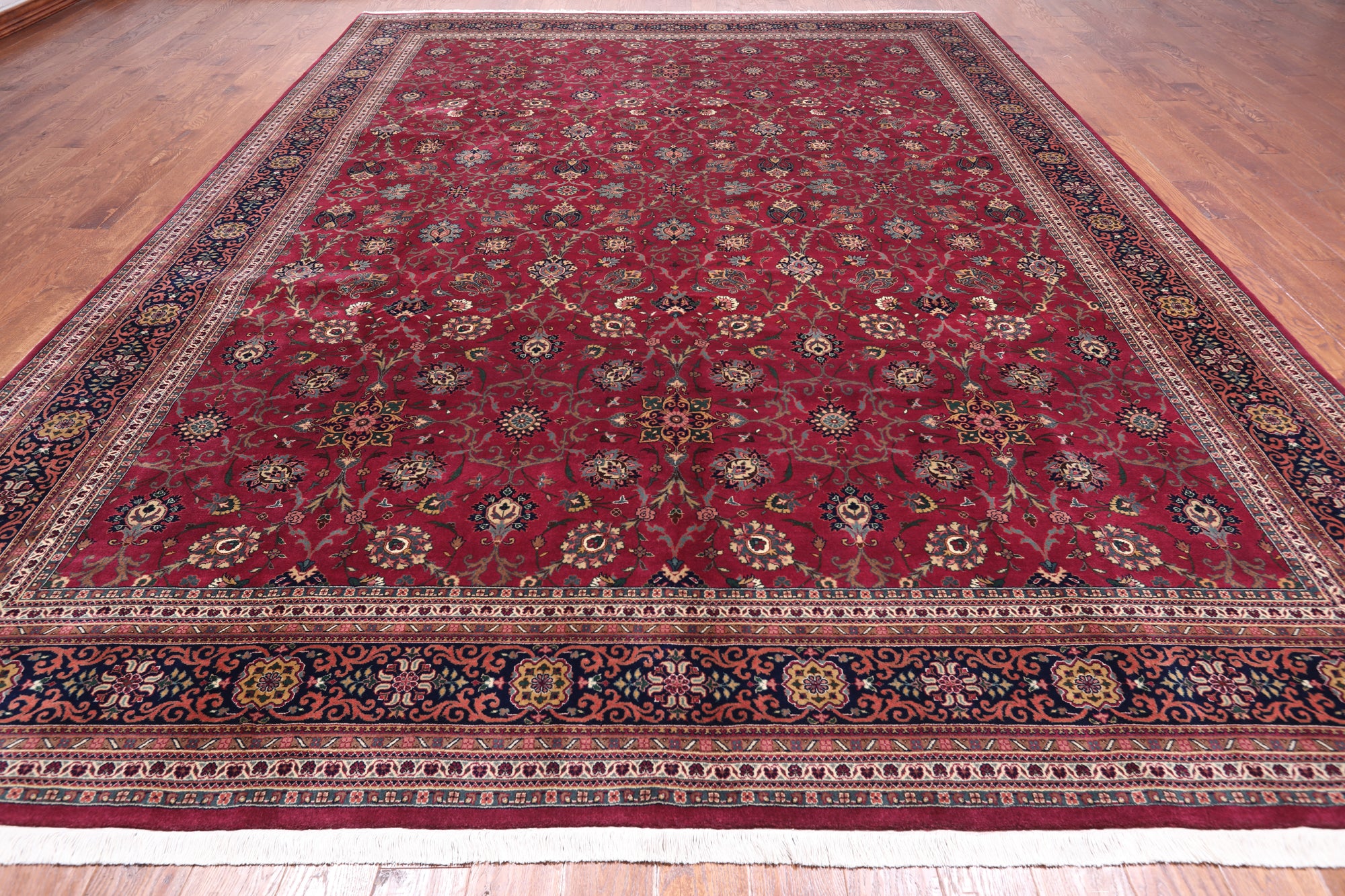 Wine/Navy Persian Fine Tabriz Hand Knotted Wool Rug - 10' 2" X 13' 10"