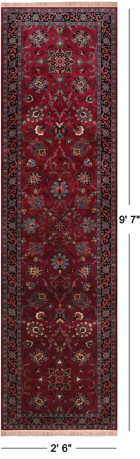 Wine/Navy Persian Fine Tabriz Hand Knotted Wool Runner Rug - 2' 6" X 9' 7"