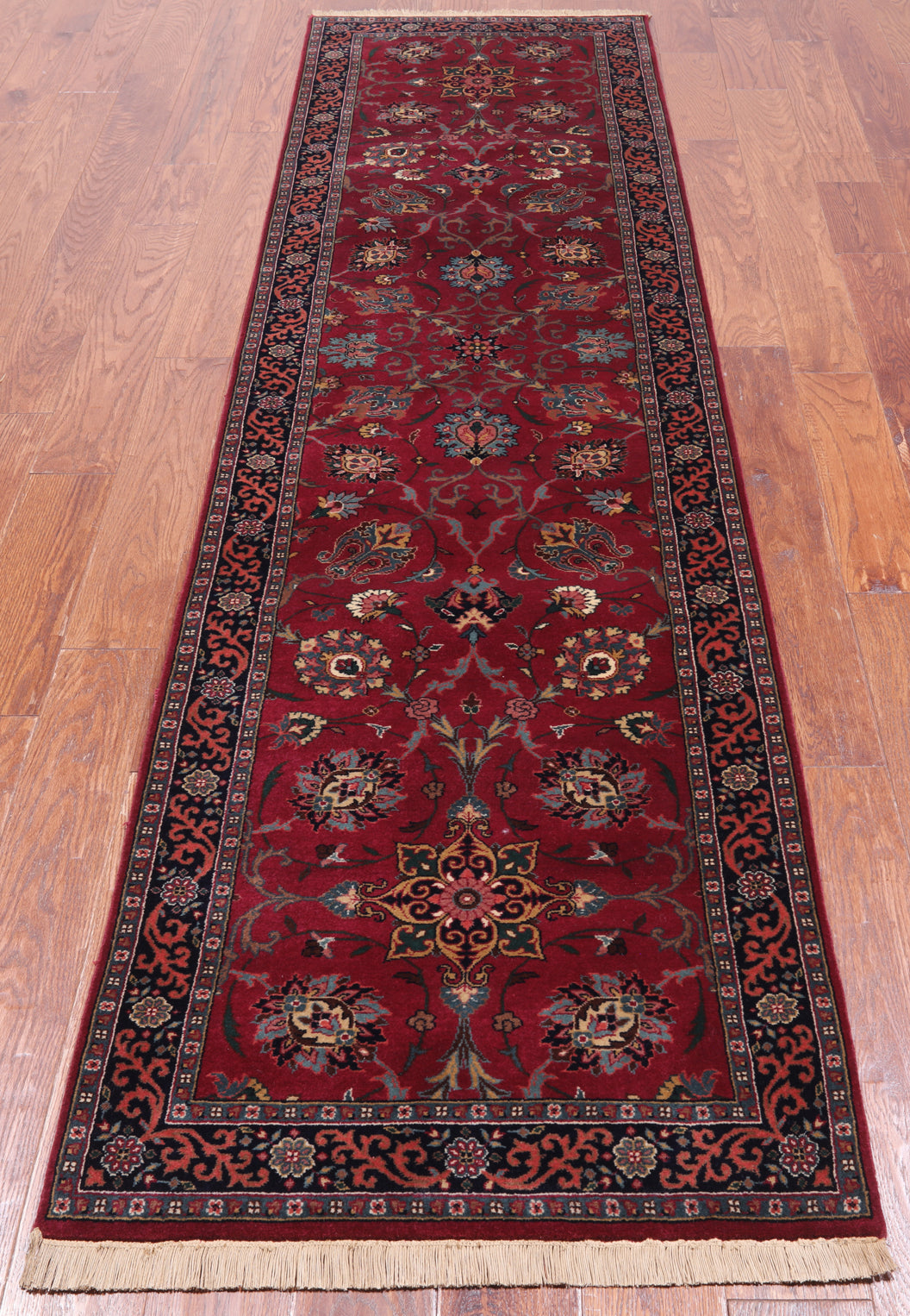 Wine/Navy Persian Fine Tabriz Hand Knotted Wool Runner Rug - 2' 6" X 9' 7"