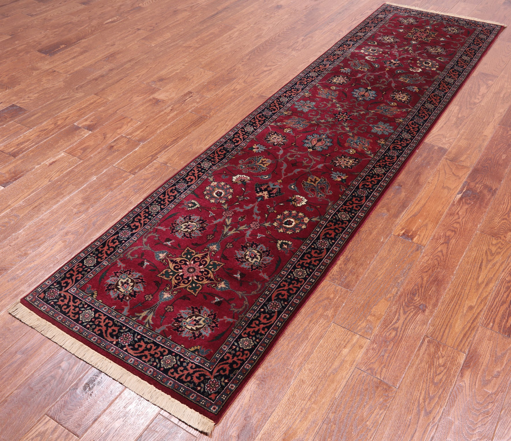 Wine/Navy Persian Fine Tabriz Hand Knotted Wool Runner Rug - 2' 6" X 9' 7"