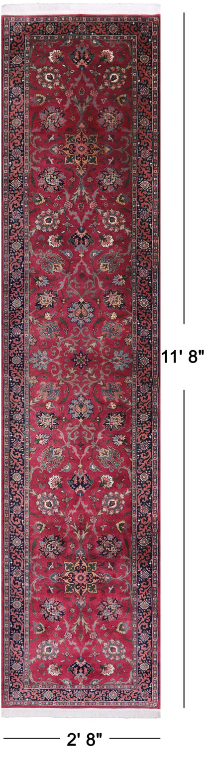 Wine/Navy Persian Fine Tabriz Handmade Wool Runner Rug - 2' 8" X 11' 8"