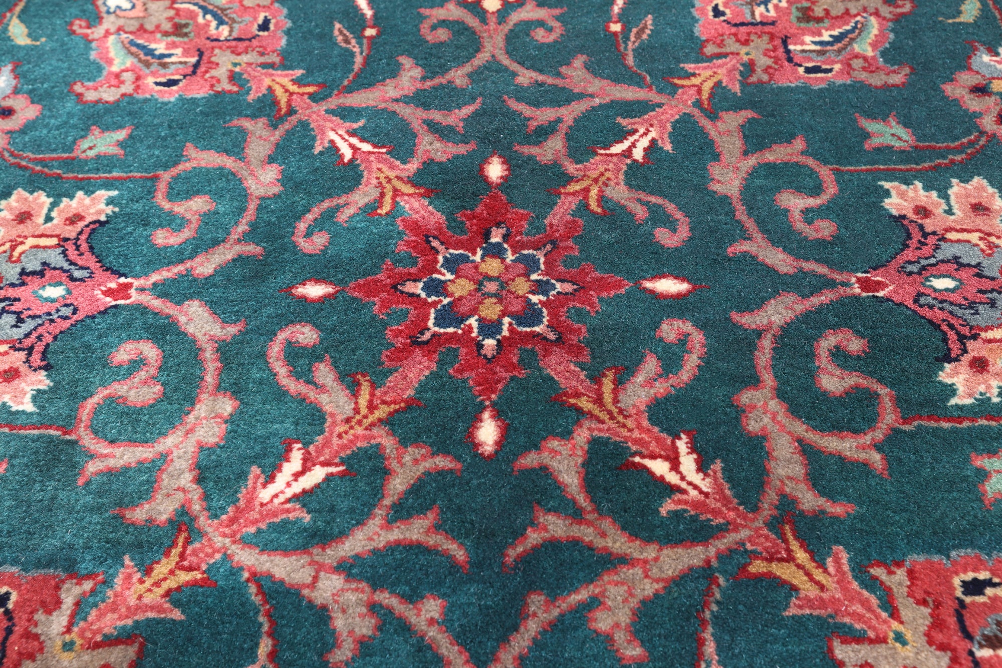 Emerald Green Square Persian Fine Tabriz Hand Knotted Wool Rug - 5' 1" X 5' 2"