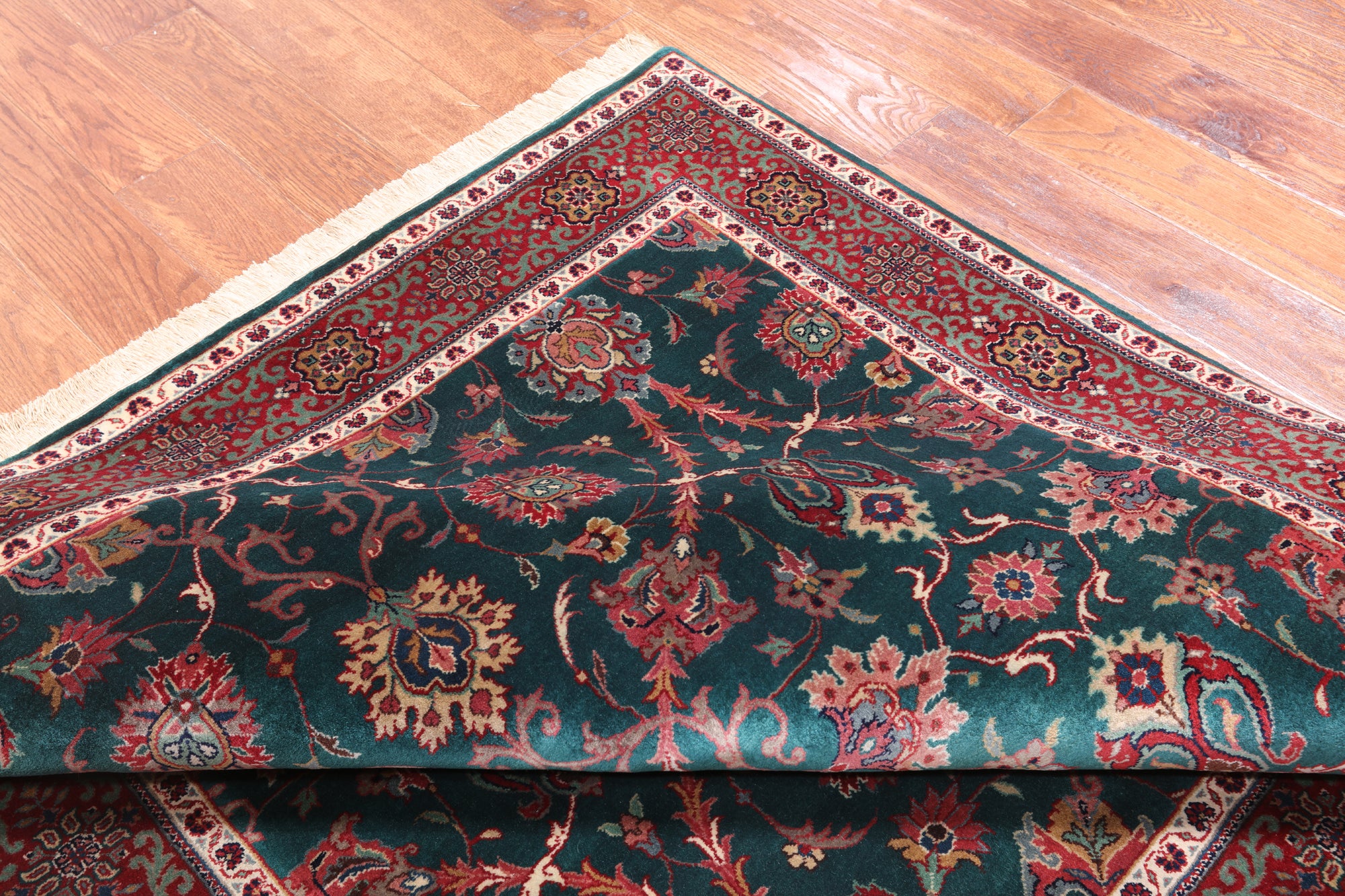Emerald Green Square Persian Fine Tabriz Hand Knotted Wool Rug - 5' 1" X 5' 2"
