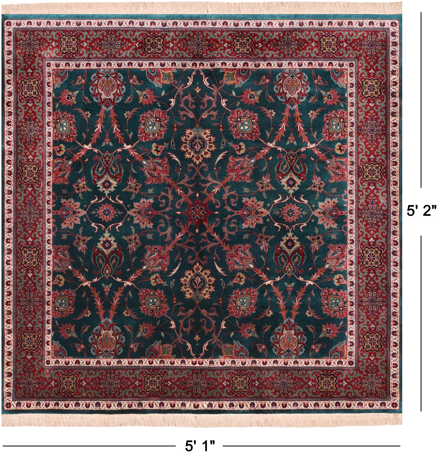 Emerald Green Square Persian Fine Tabriz Hand Knotted Wool Rug - 5' 1" X 5' 2"