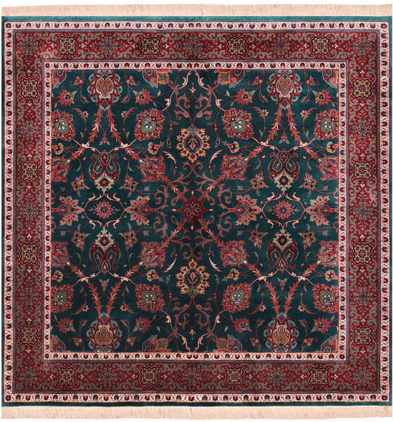 Emerald Green Square Persian Fine Tabriz Hand Knotted Wool Rug - 5' 1" X 5' 2"