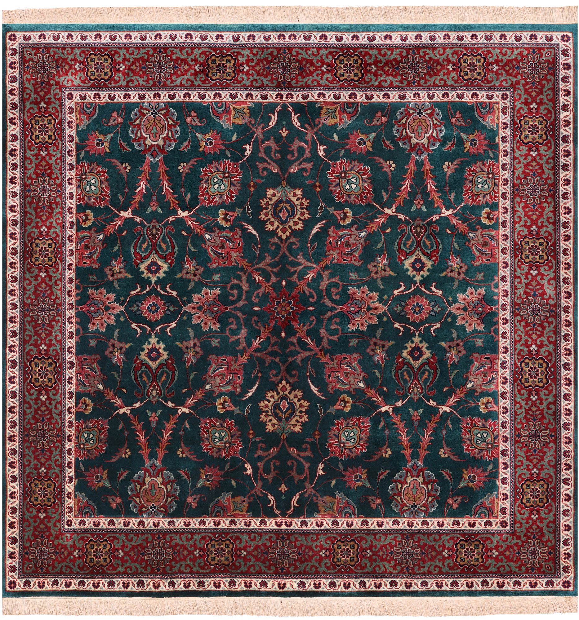 Emerald Green Square Persian Fine Tabriz Hand Knotted Wool Rug - 5' 1" X 5' 2"