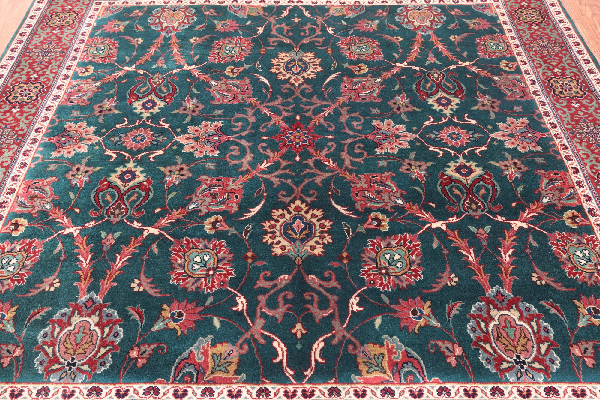 Emerald Green Square Persian Fine Tabriz Hand Knotted Wool Rug - 5' 1" X 5' 2"