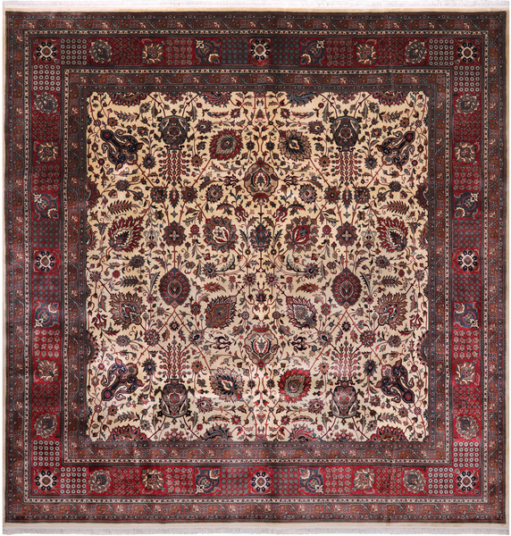 Beige Square Persian Fine Tabriz Handmade Wool Rug - 10' 1" X 10' 3"