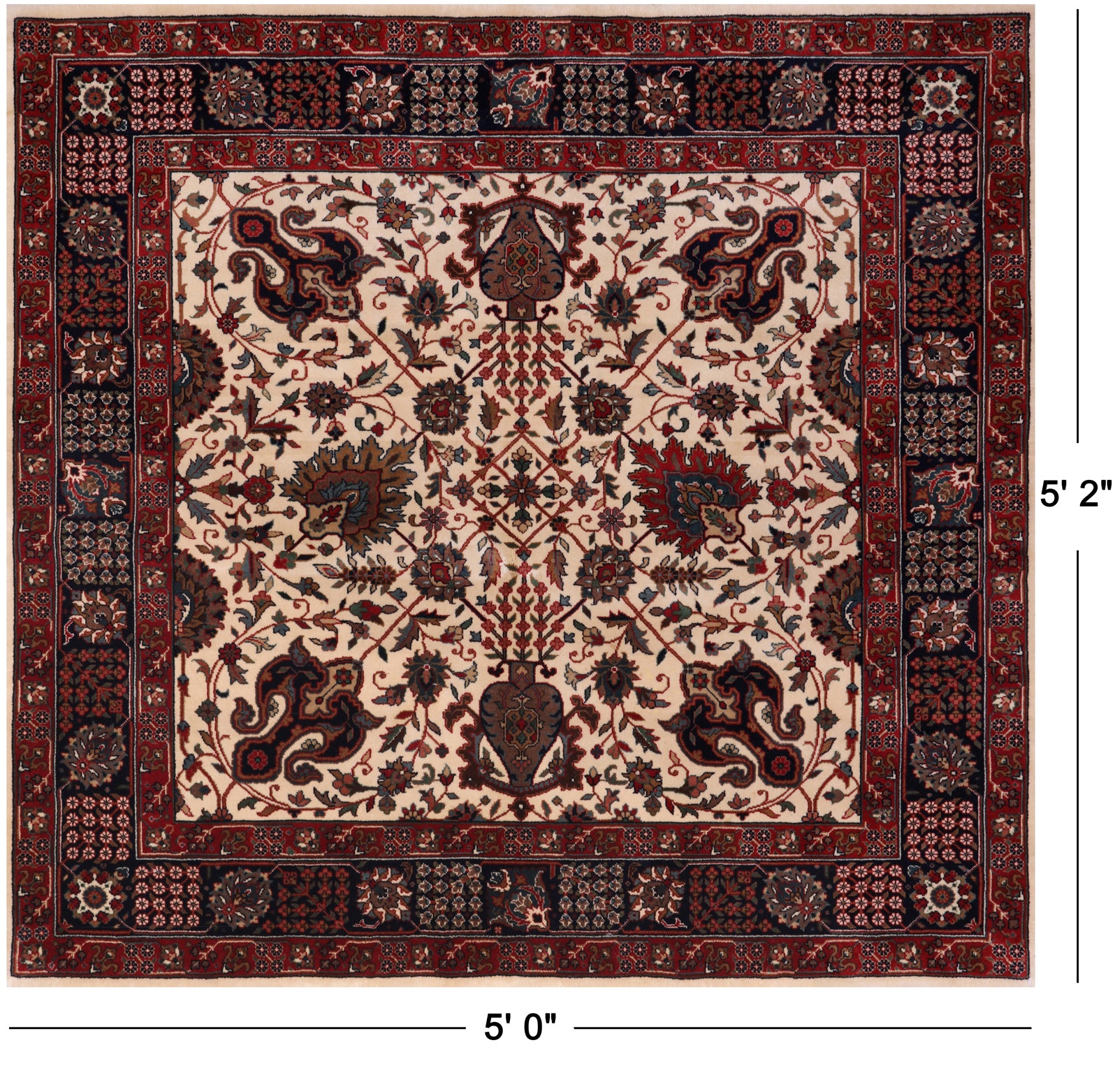 Beige Square Persian Fine Tabriz Handmade Wool Rug - 5' 0" X 5' 2"