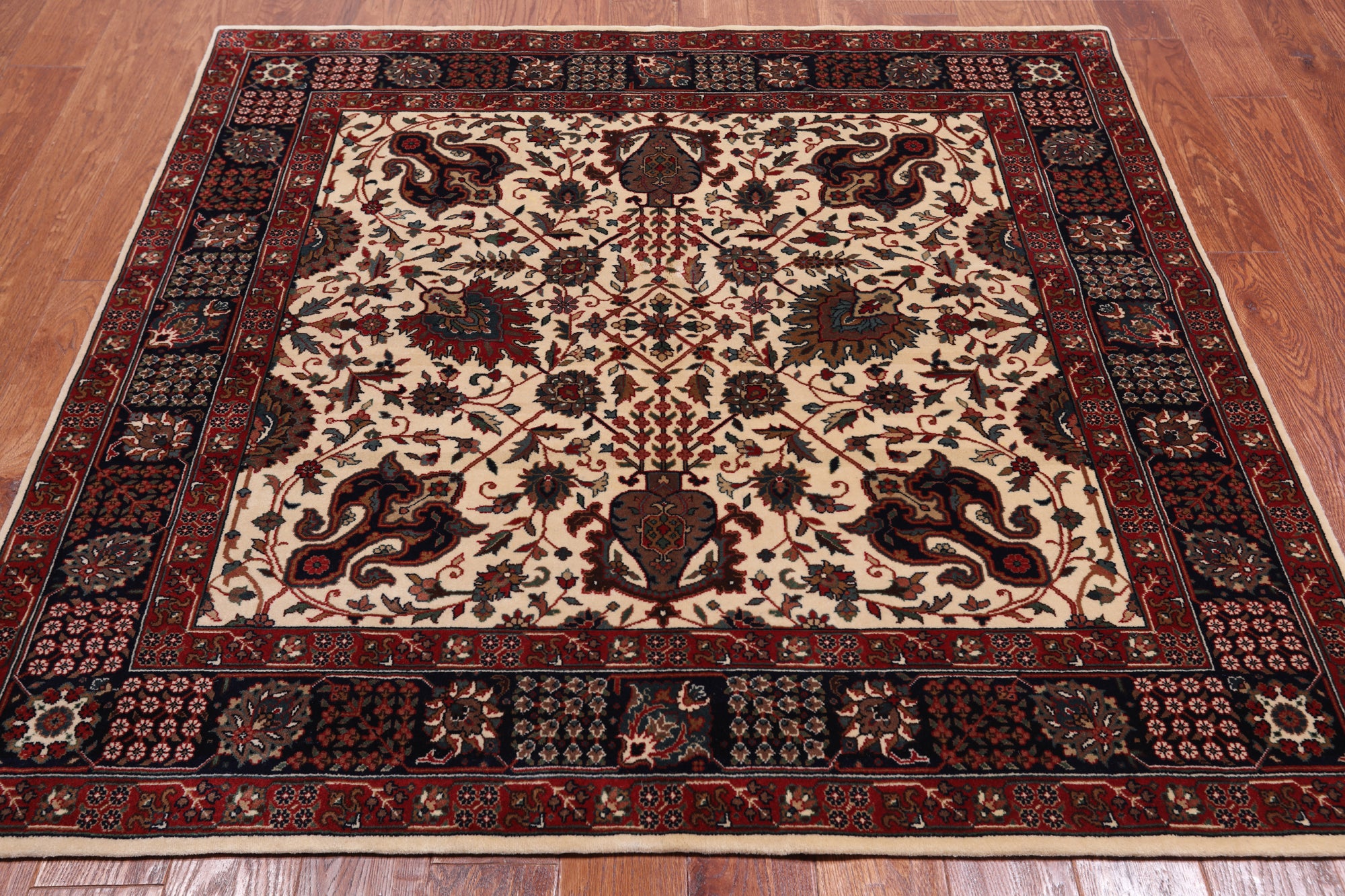 Beige Square Persian Fine Tabriz Handmade Wool Rug - 5' 0" X 5' 2"