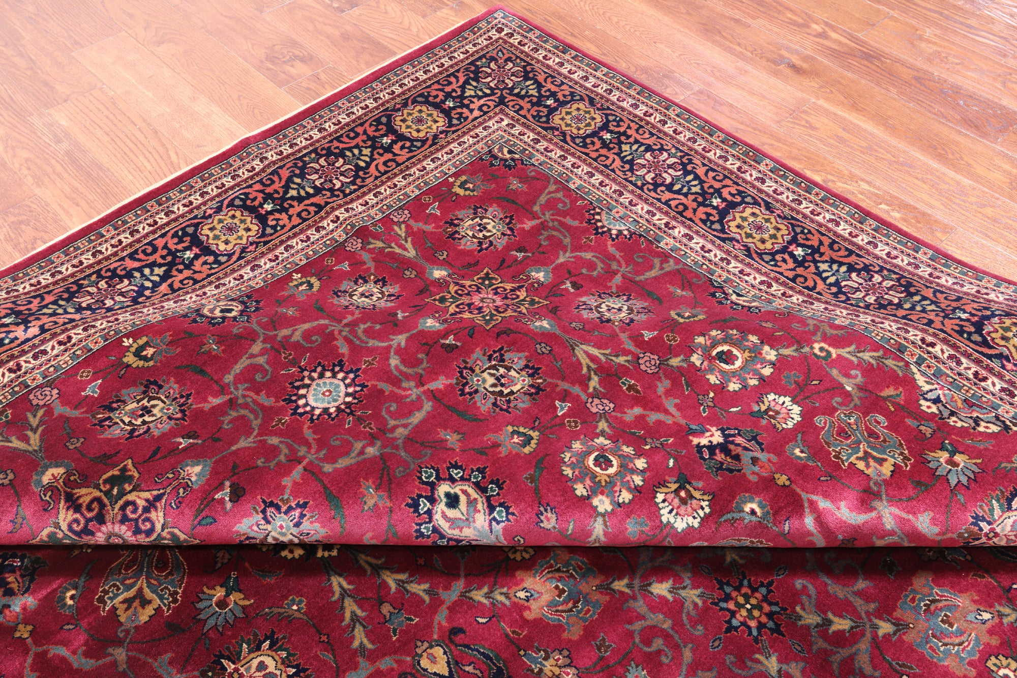 Wine/Navy Persian Fine Tabriz Hand-Knotted Wool Rug - 9' 0" X 12' 1"