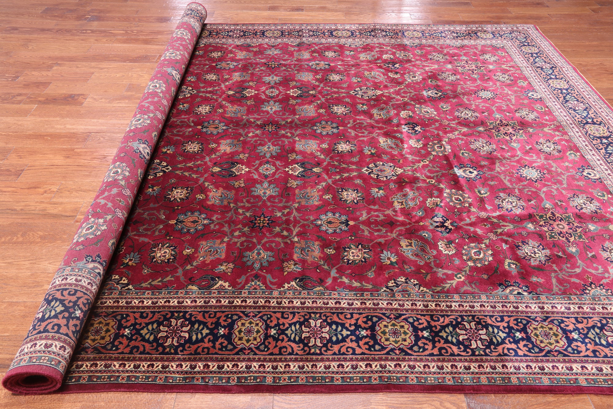 Wine/Navy Persian Fine Tabriz Hand-Knotted Wool Rug - 9' 0" X 12' 1"