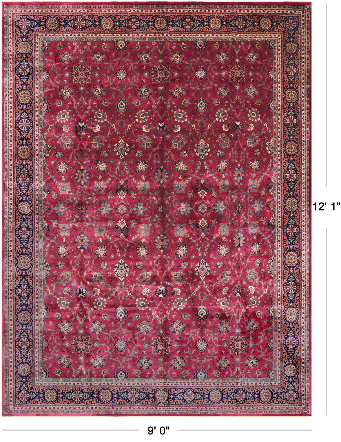 Wine/Navy Persian Fine Tabriz Hand-Knotted Wool Rug - 9' 0" X 12' 1"