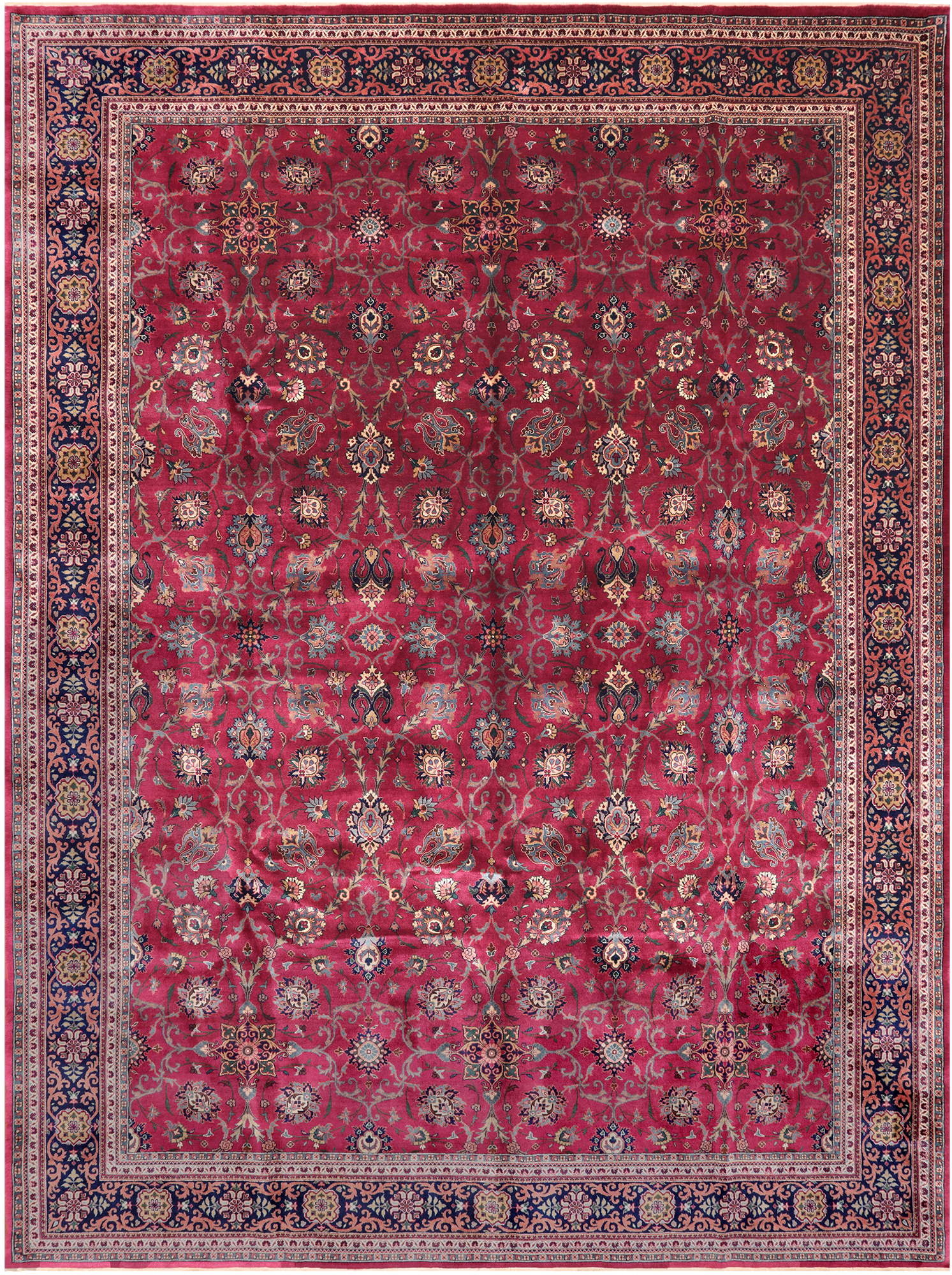 Wine/Navy Persian Fine Tabriz Hand-Knotted Wool Rug - 9' 0" X 12' 1"