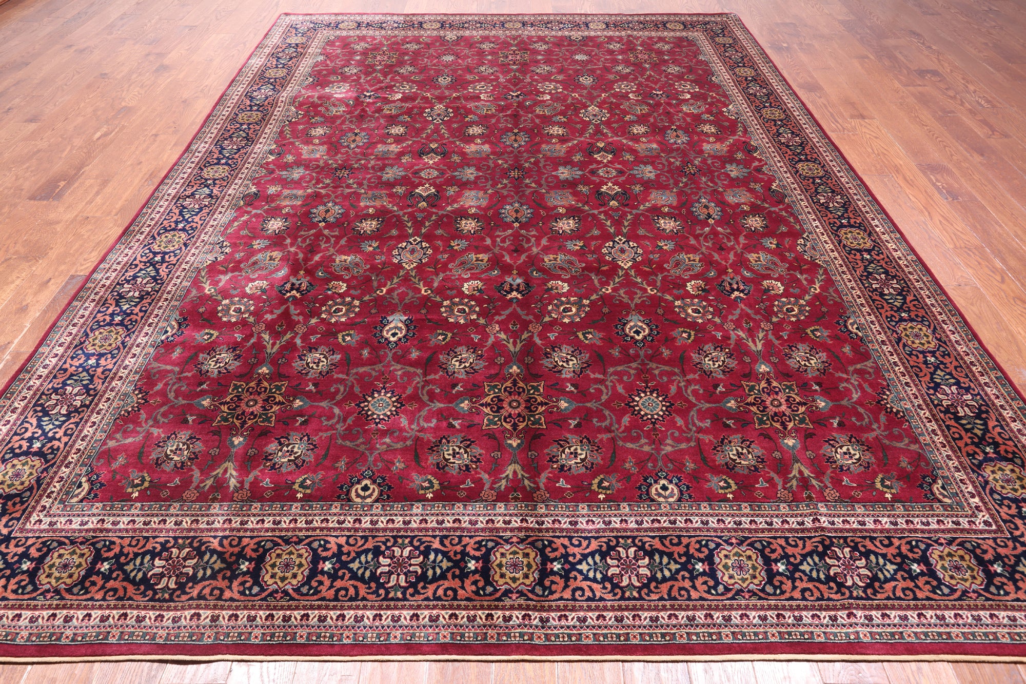 Wine/Navy Persian Fine Tabriz Hand-Knotted Wool Rug - 9' 0" X 12' 1"