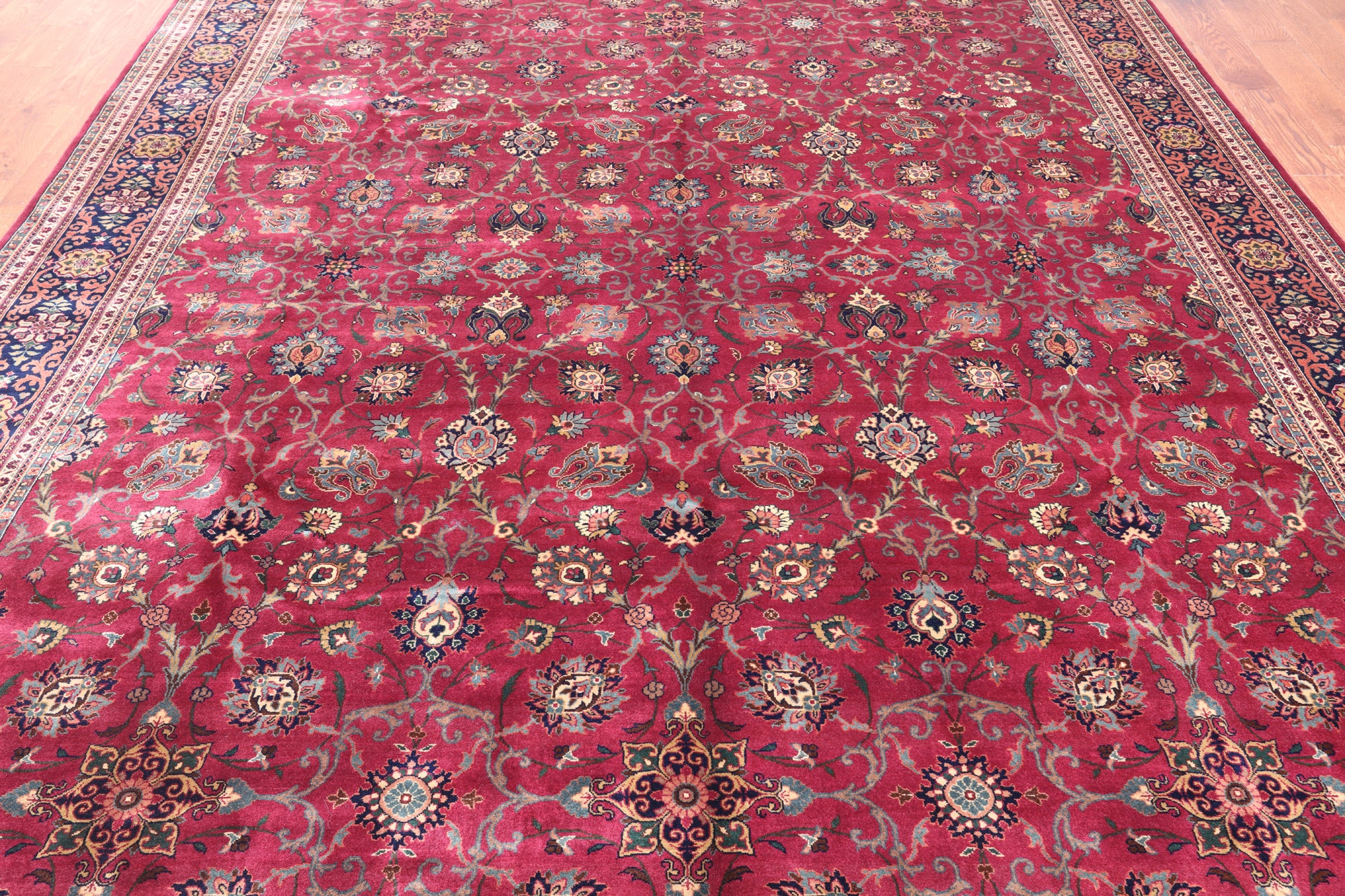 Wine/Navy Persian Fine Tabriz Hand-Knotted Wool Rug - 9' 0" X 12' 1"