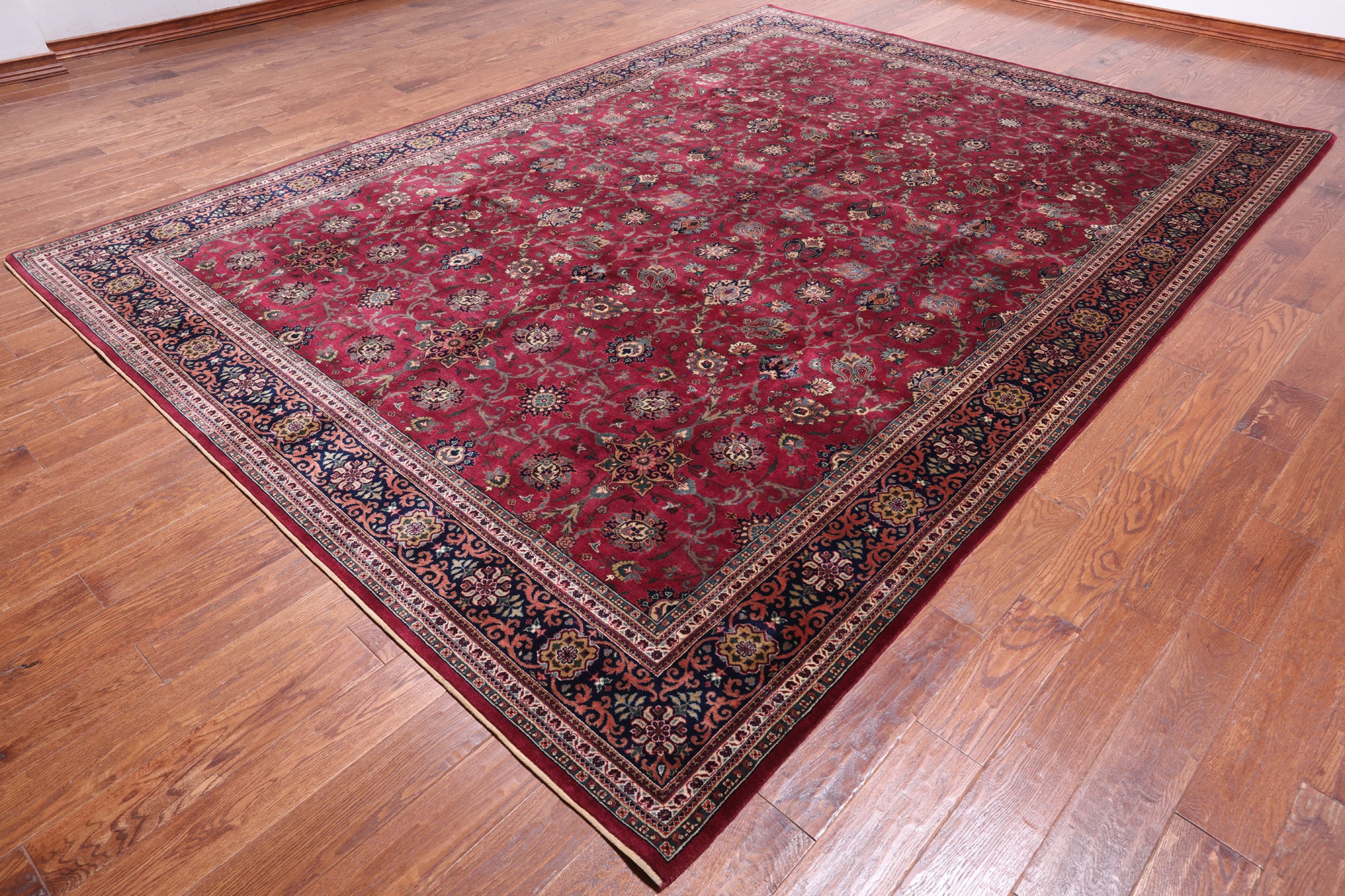 Wine/Navy Persian Fine Tabriz Hand-Knotted Wool Rug - 9' 0" X 12' 1"