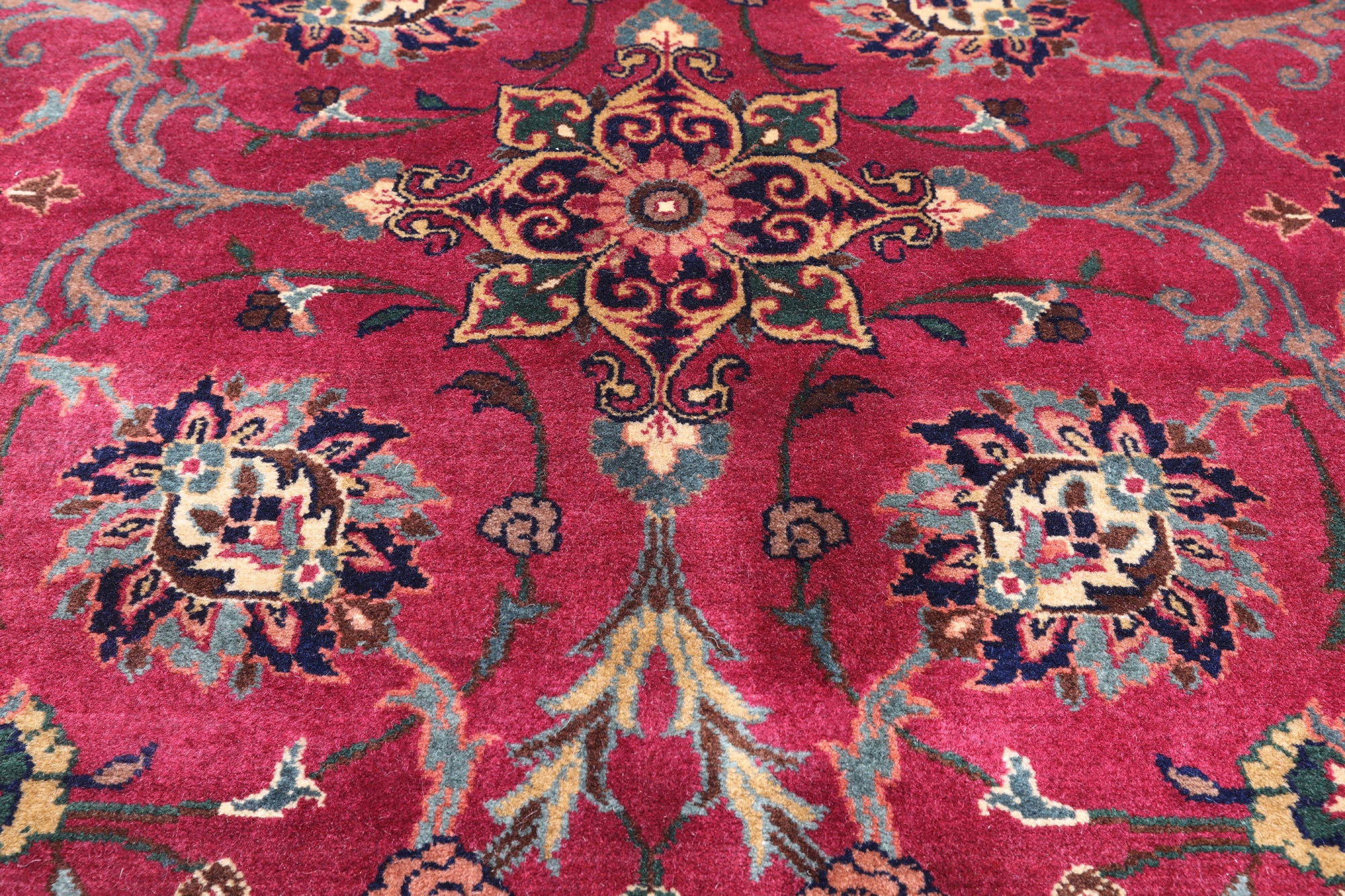 Wine/Navy Persian Fine Tabriz Hand-Knotted Wool Rug - 9' 0" X 12' 1"