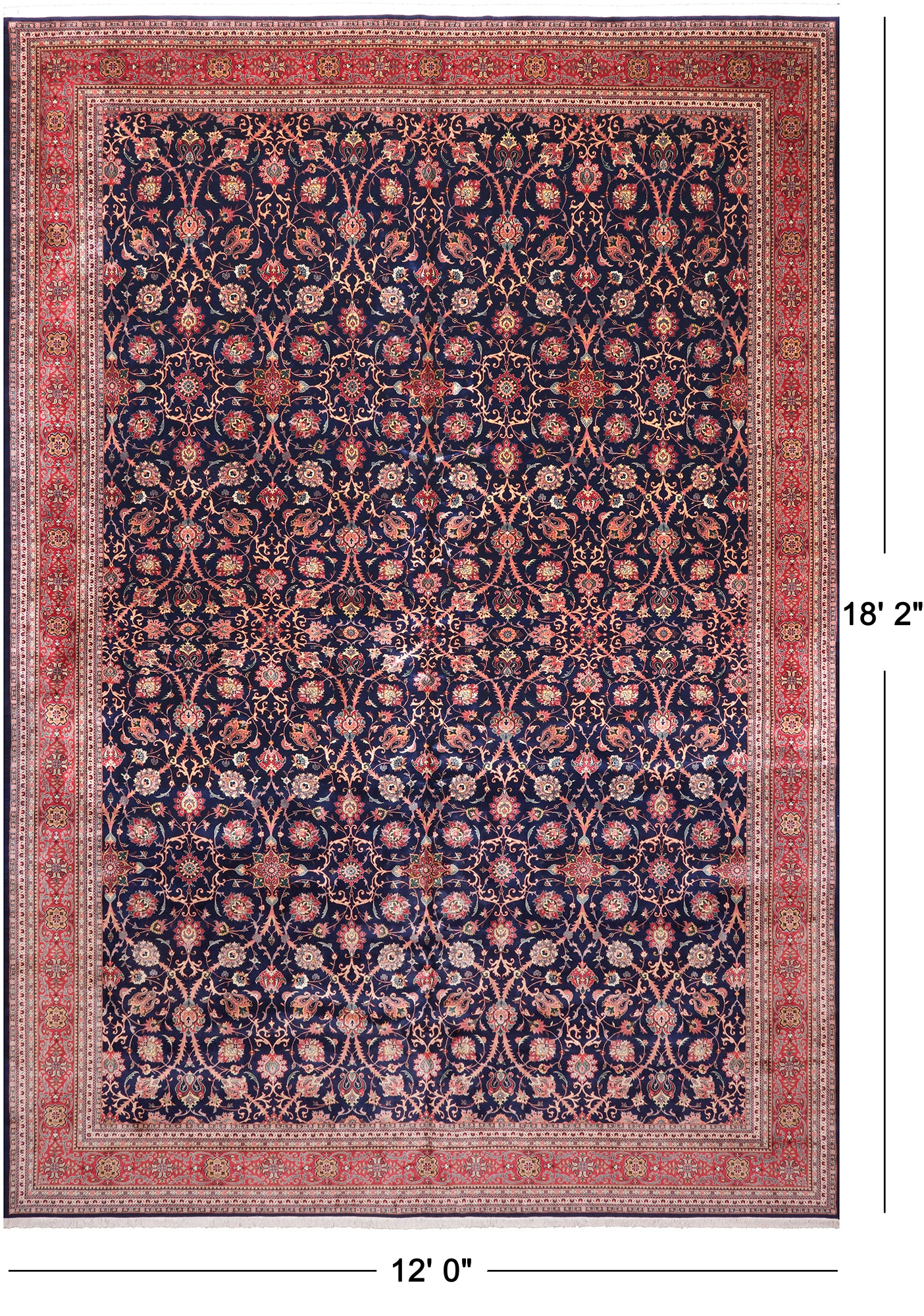 Navy Blue Persian Fine Tabriz Handmade Wool Rug - 12' 0" X 18' 2"