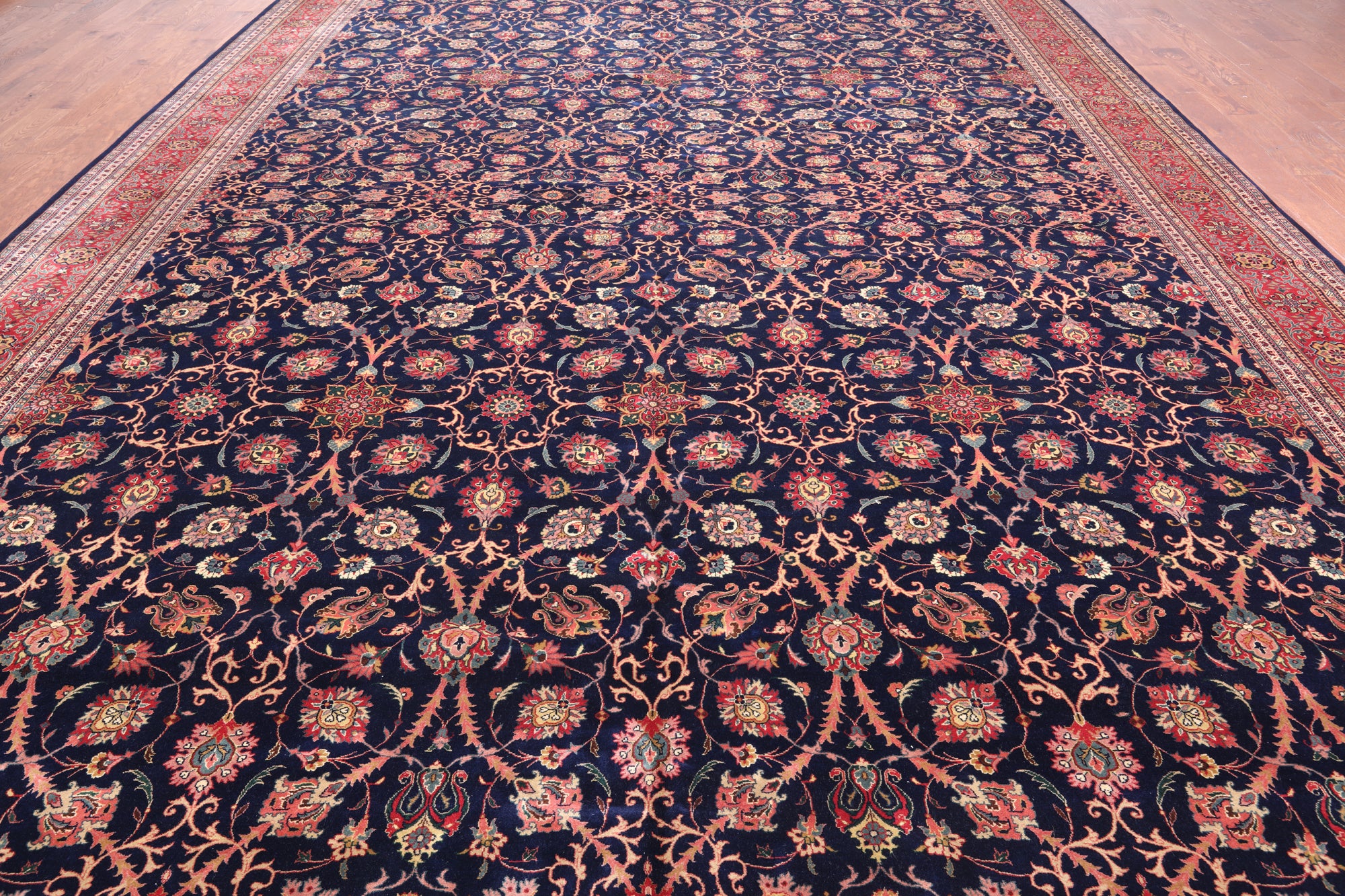 Navy Blue Persian Fine Tabriz Handmade Wool Rug - 12' 0" X 18' 2"