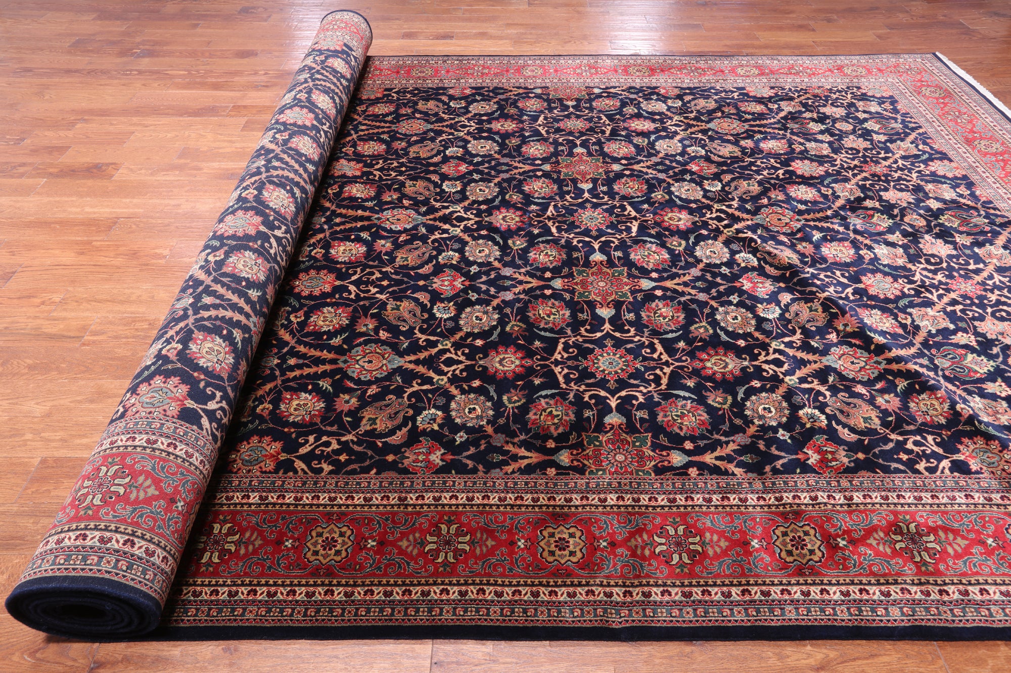 Navy Blue Persian Fine Tabriz Hand-Knotted Wool Rug - 9' 6" X 19' 7"