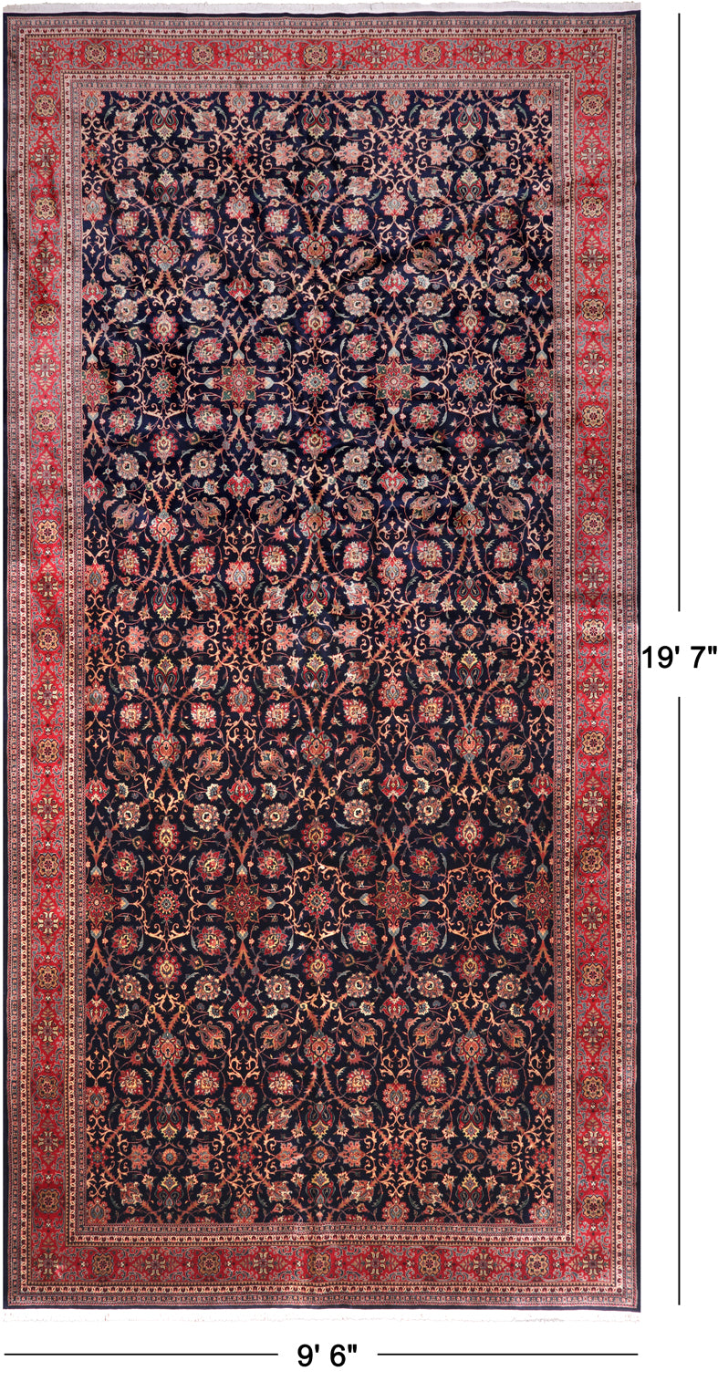 Navy Blue Persian Fine Tabriz Hand-Knotted Wool Rug - 9' 6" X 19' 7"