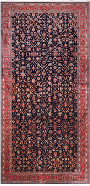 Navy Blue Persian Fine Tabriz Hand-Knotted Wool Rug - 9' 6" X 19' 7"