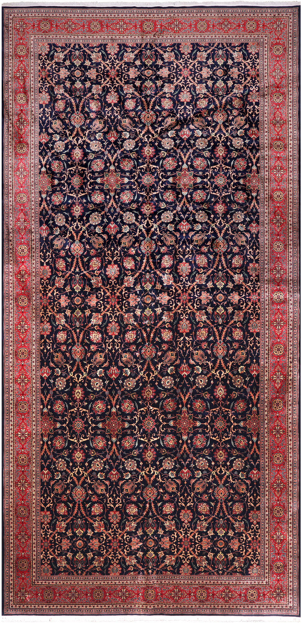Navy Blue Persian Fine Tabriz Hand-Knotted Wool Rug - 9' 6" X 19' 7"