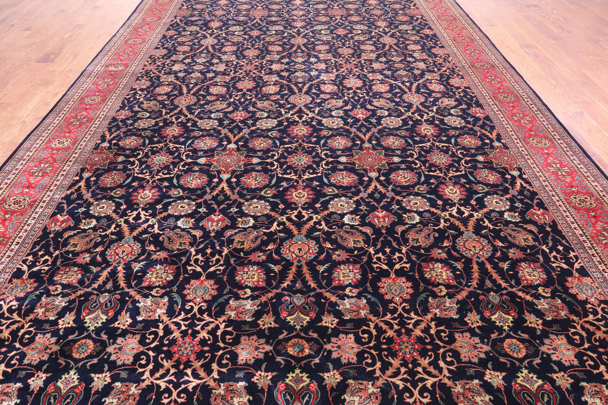 Navy Blue Persian Fine Tabriz Hand-Knotted Wool Rug - 9' 6" X 19' 7"