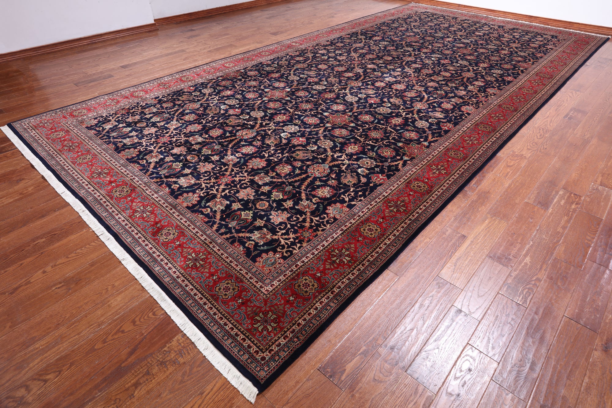 Navy Blue Persian Fine Tabriz Hand-Knotted Wool Rug - 9' 6" X 19' 7"
