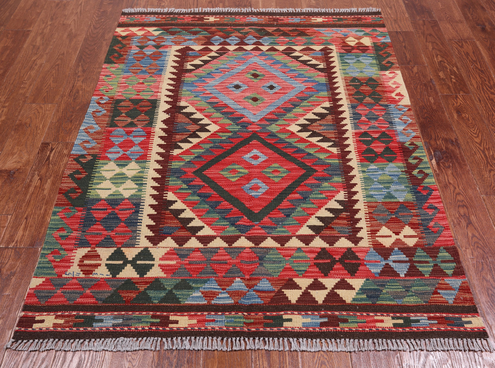 Reversible Kilim Flat Weave Wool On Wool Rug - 4' 1" X 5' 6"