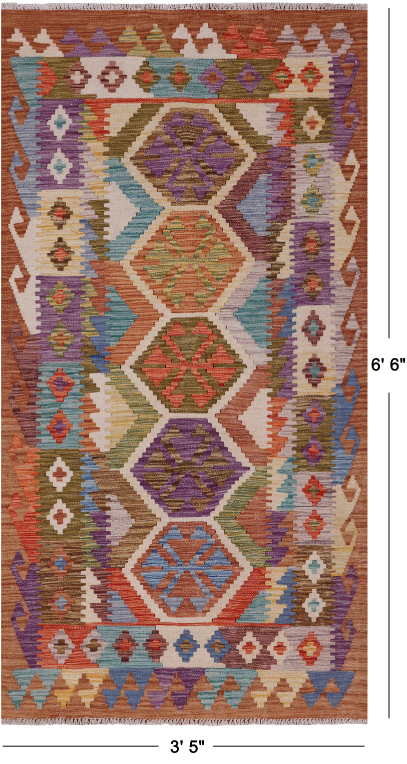 Reversible Kilim Flat Weave Wool On Wool Runner Rug - 3' 5" X 6' 6"
