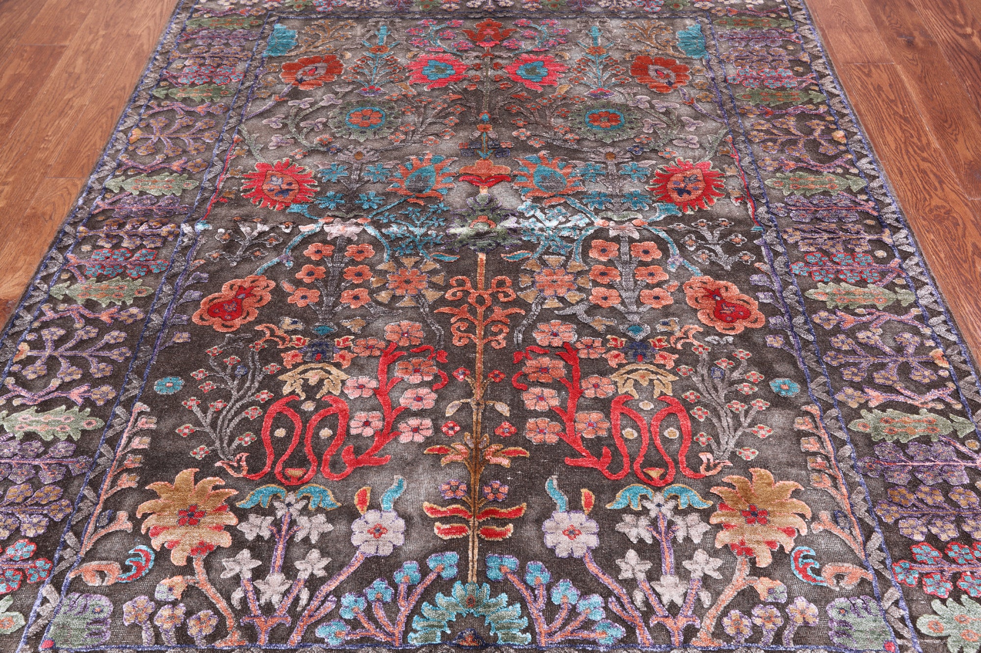 Brown Persian Tabriz Silk With Oxidized Wool Handmade Rug - 5' 6" X 7' 8"
