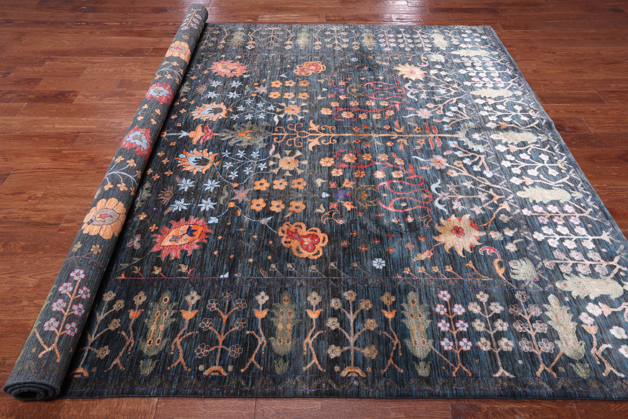 Blue/Green Persian Tabriz Handmade Wool & Silk Rug - 8' 3" X 9' 10"