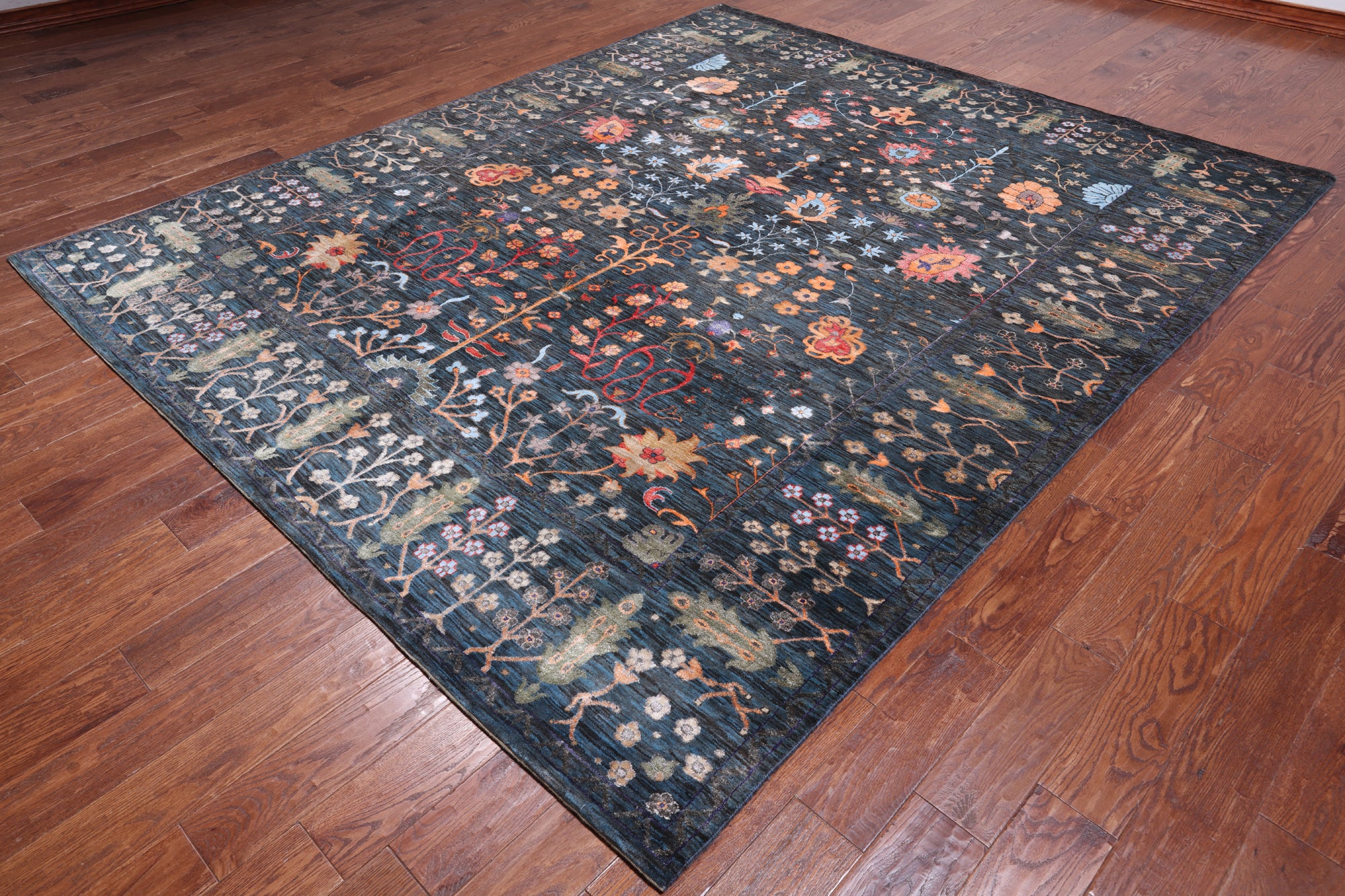 Blue/Green Persian Tabriz Handmade Wool & Silk Rug - 8' 3" X 9' 10"