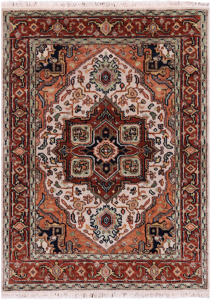 Ivory Geometric Heriz Serapi Hand Knotted Wool Rug - 3' 0" X 4' 2"