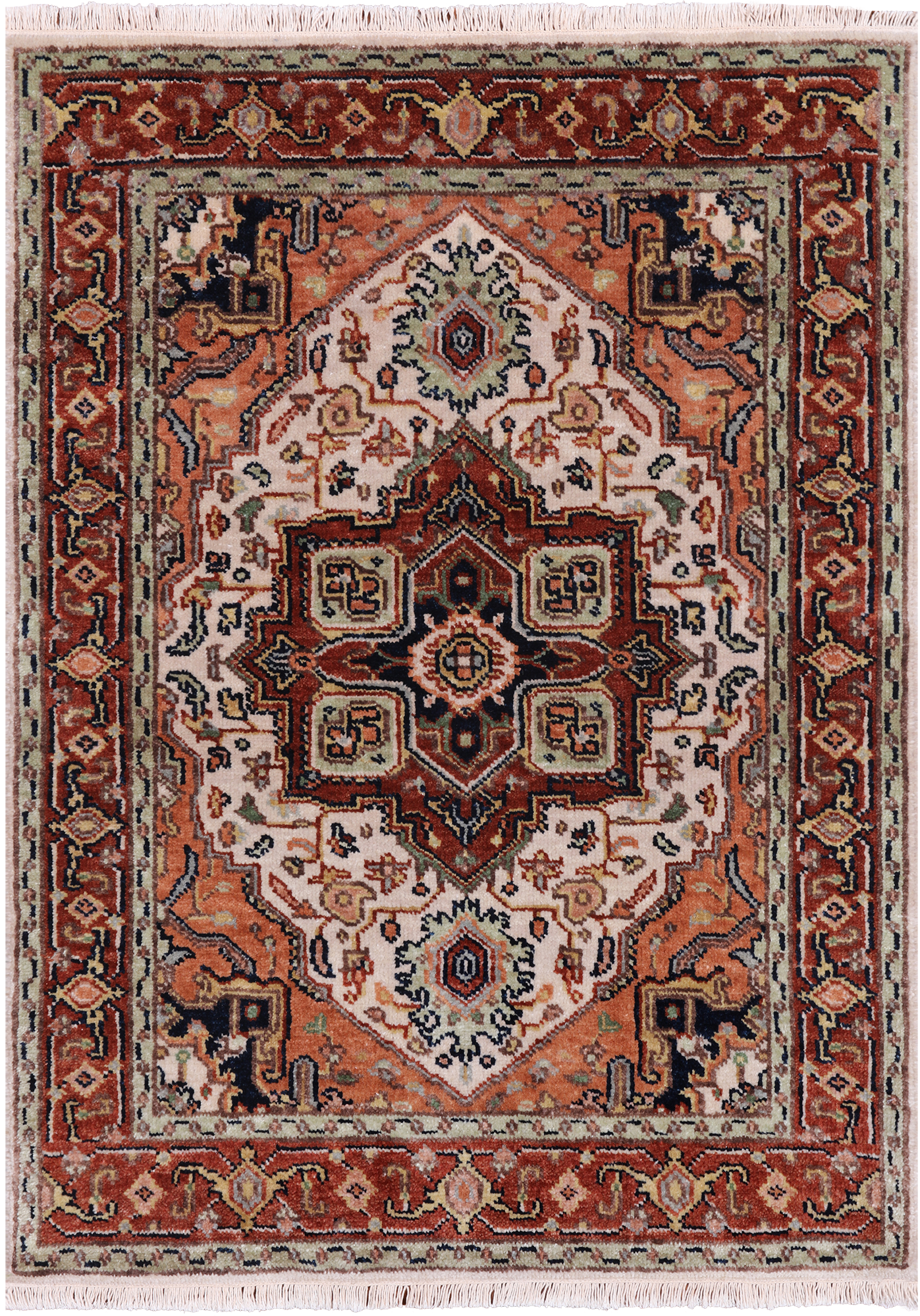 Ivory Geometric Heriz Serapi Hand Knotted Wool Rug - 3' 0" X 4' 2"