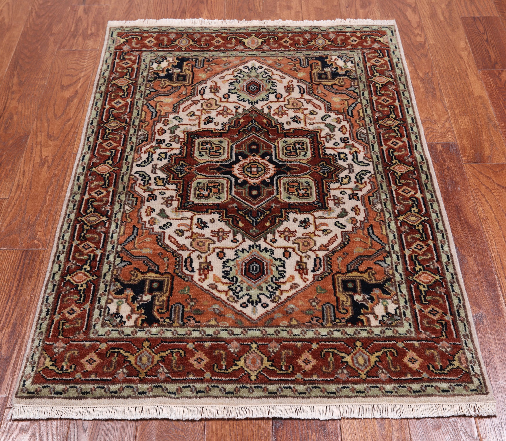 Ivory Geometric Heriz Serapi Hand Knotted Wool Rug - 3' 0" X 4' 2"