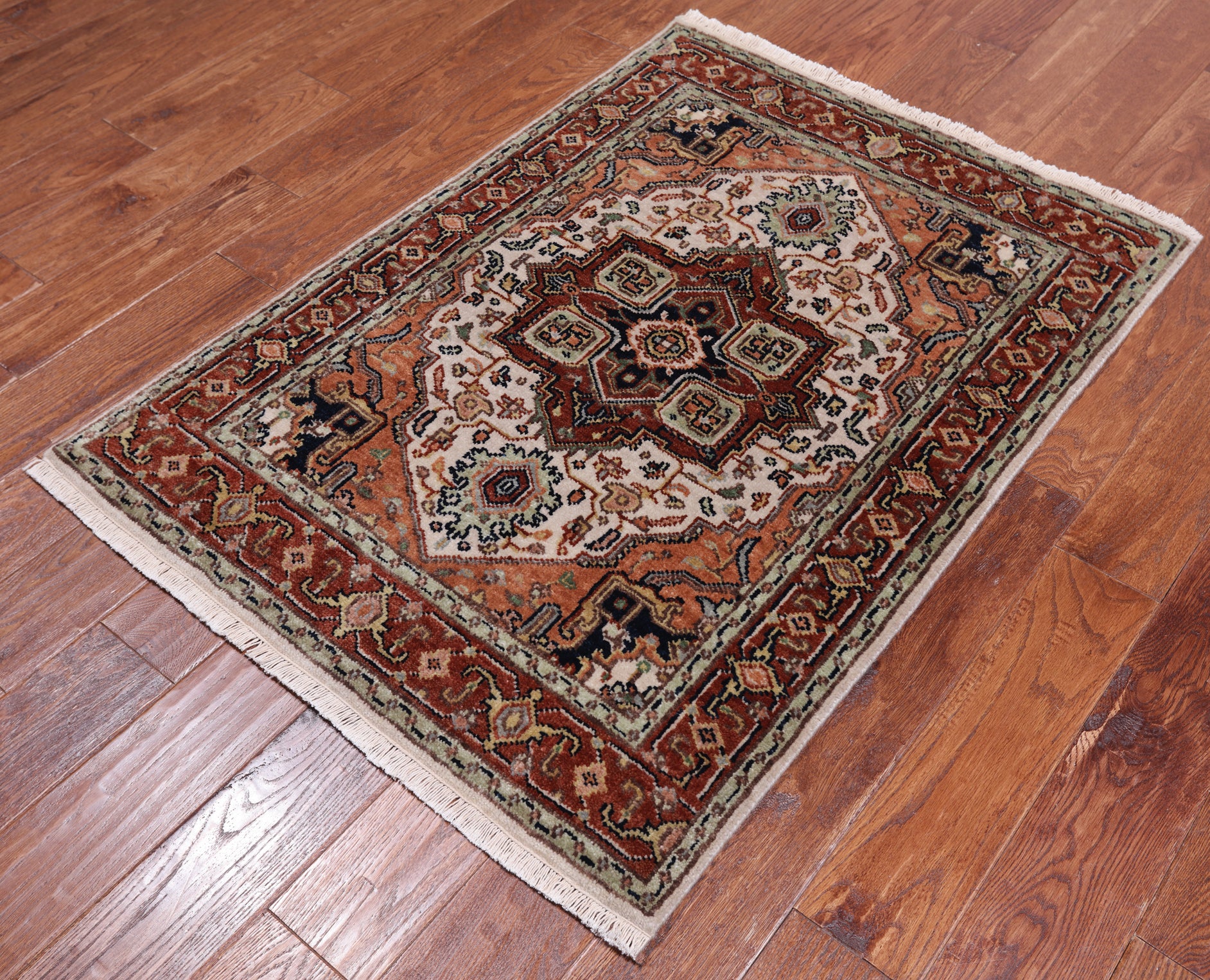 Ivory Geometric Heriz Serapi Hand Knotted Wool Rug - 3' 0" X 4' 2"