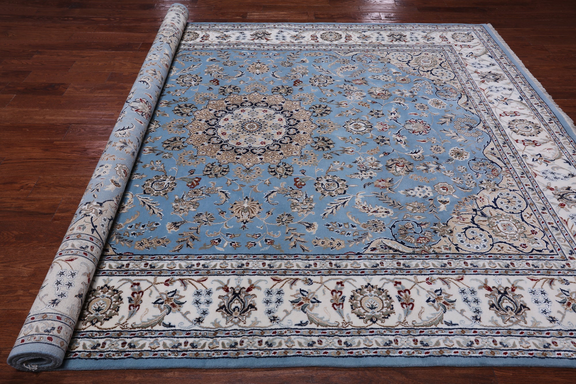 Blue Persian Nain Handmade Wool & Silk Rug - 7' 11" X 10' 2"