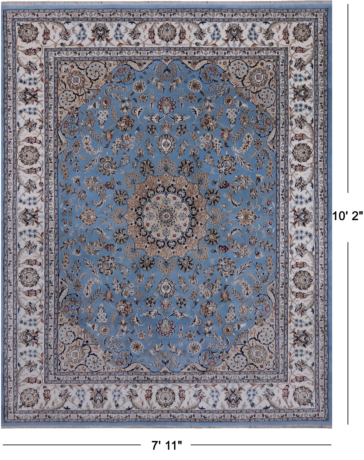 Blue Persian Nain Handmade Wool & Silk Rug - 7' 11" X 10' 2"