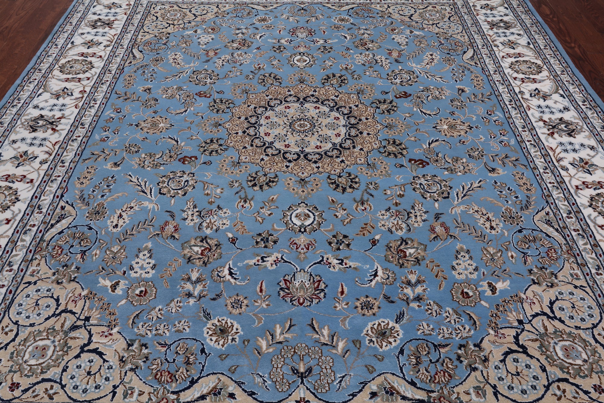 Blue Persian Nain Handmade Wool & Silk Rug - 7' 11" X 10' 2"