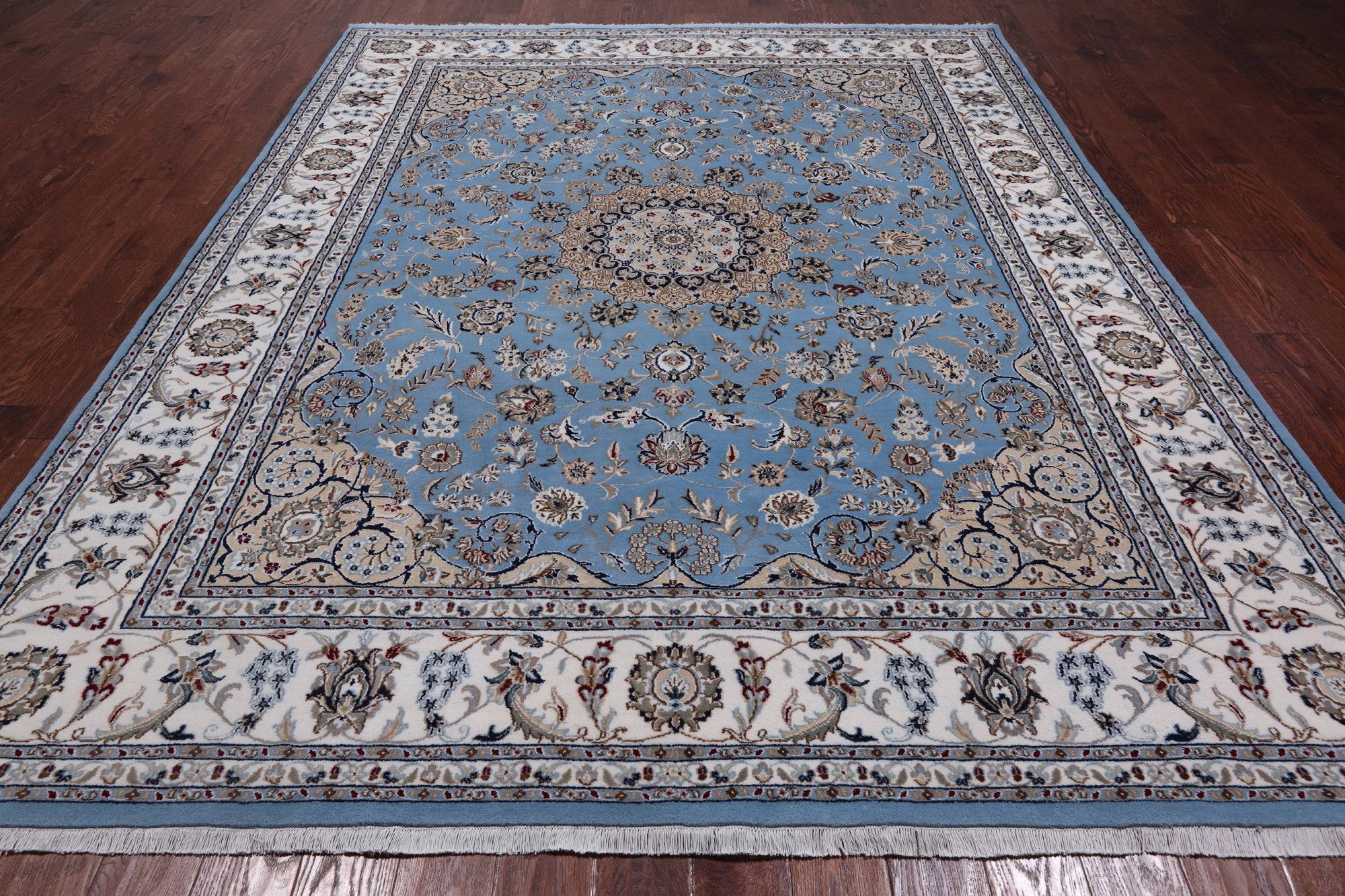Blue Persian Nain Handmade Wool & Silk Rug - 7' 11" X 10' 2"