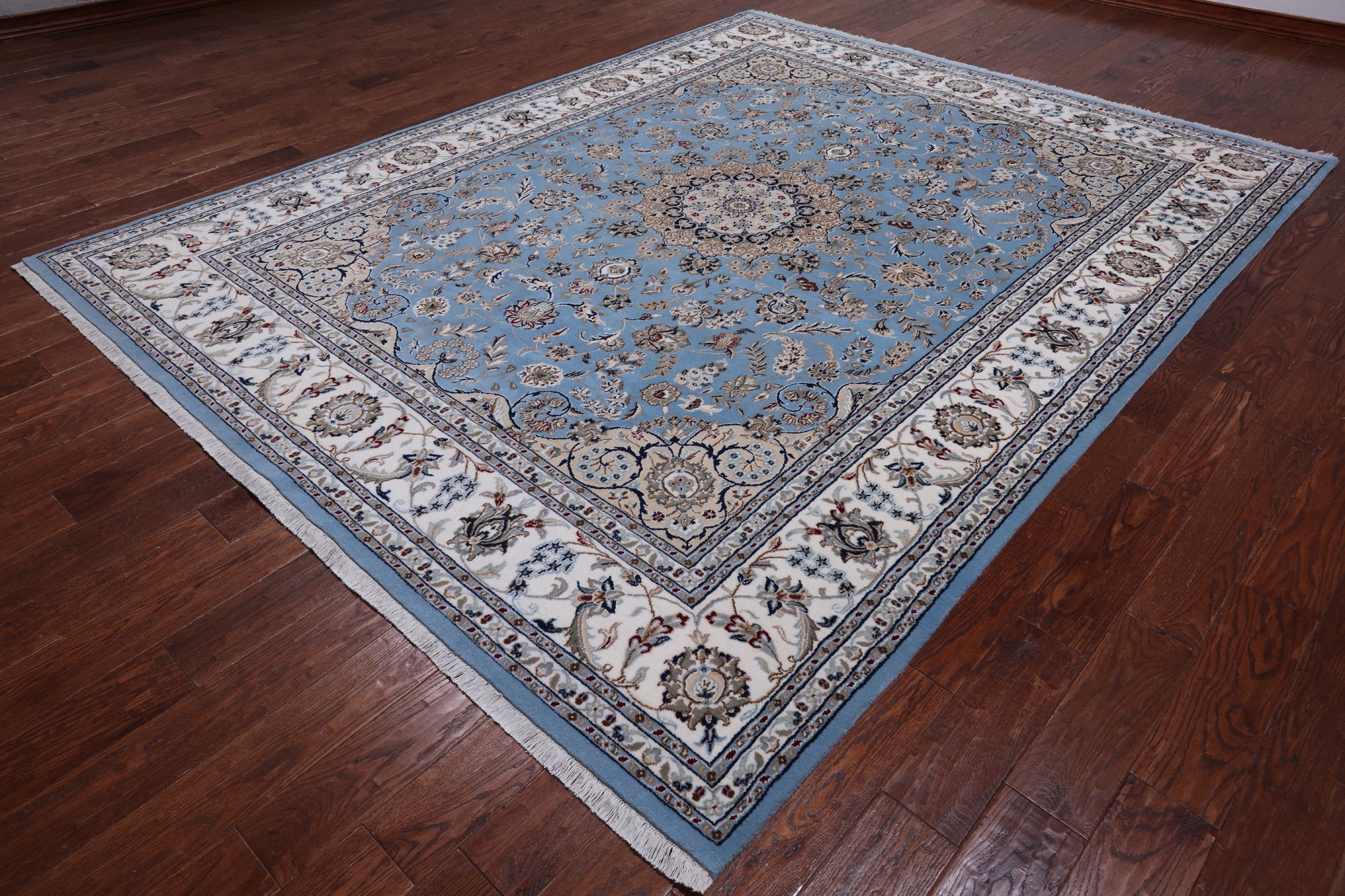 Blue Persian Nain Handmade Wool & Silk Rug - 7' 11" X 10' 2"