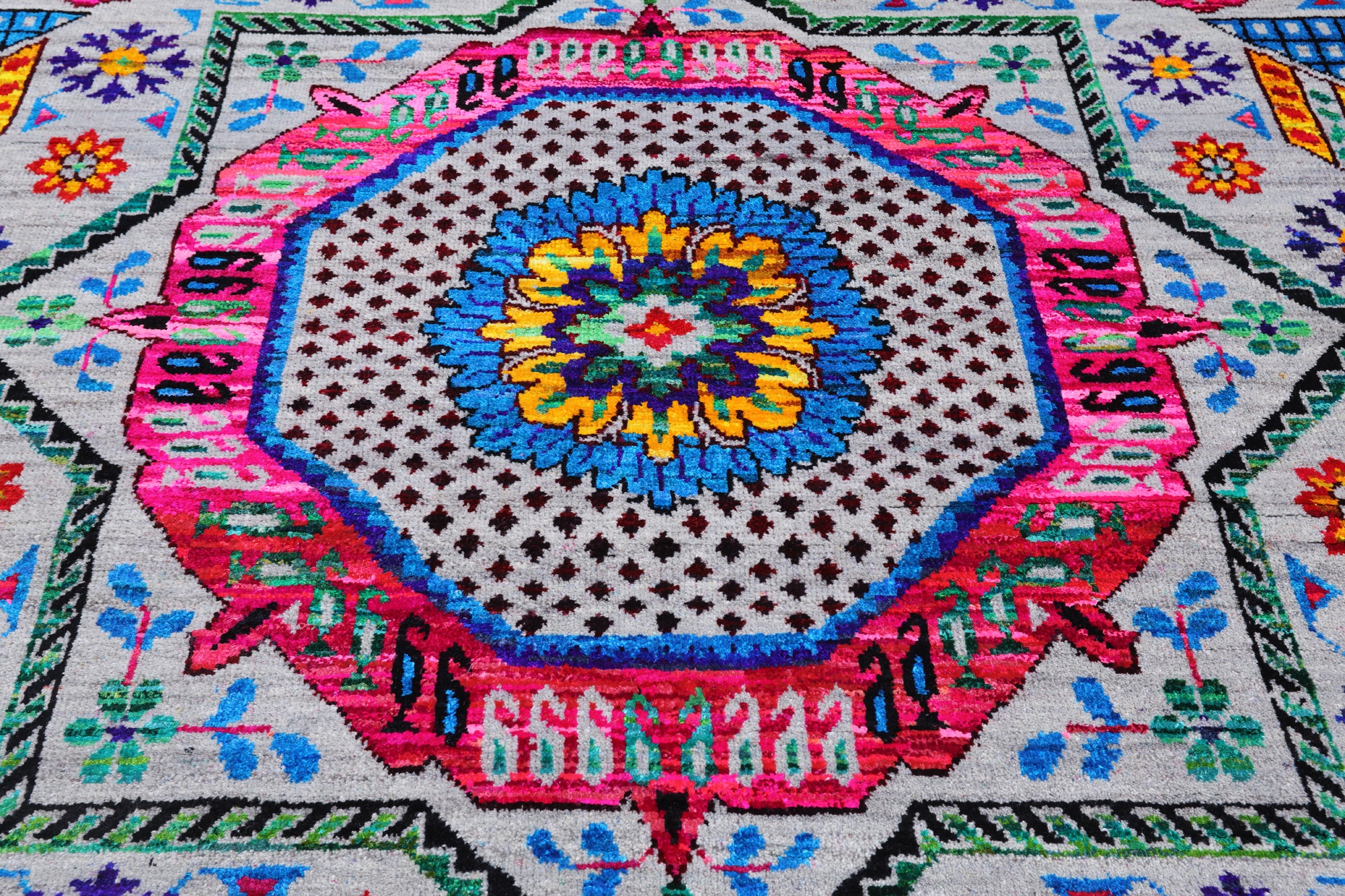 Grey Geometric Persian Mamluk Handmade Wool & Silk Rug - 9' 0" X 12' 0"