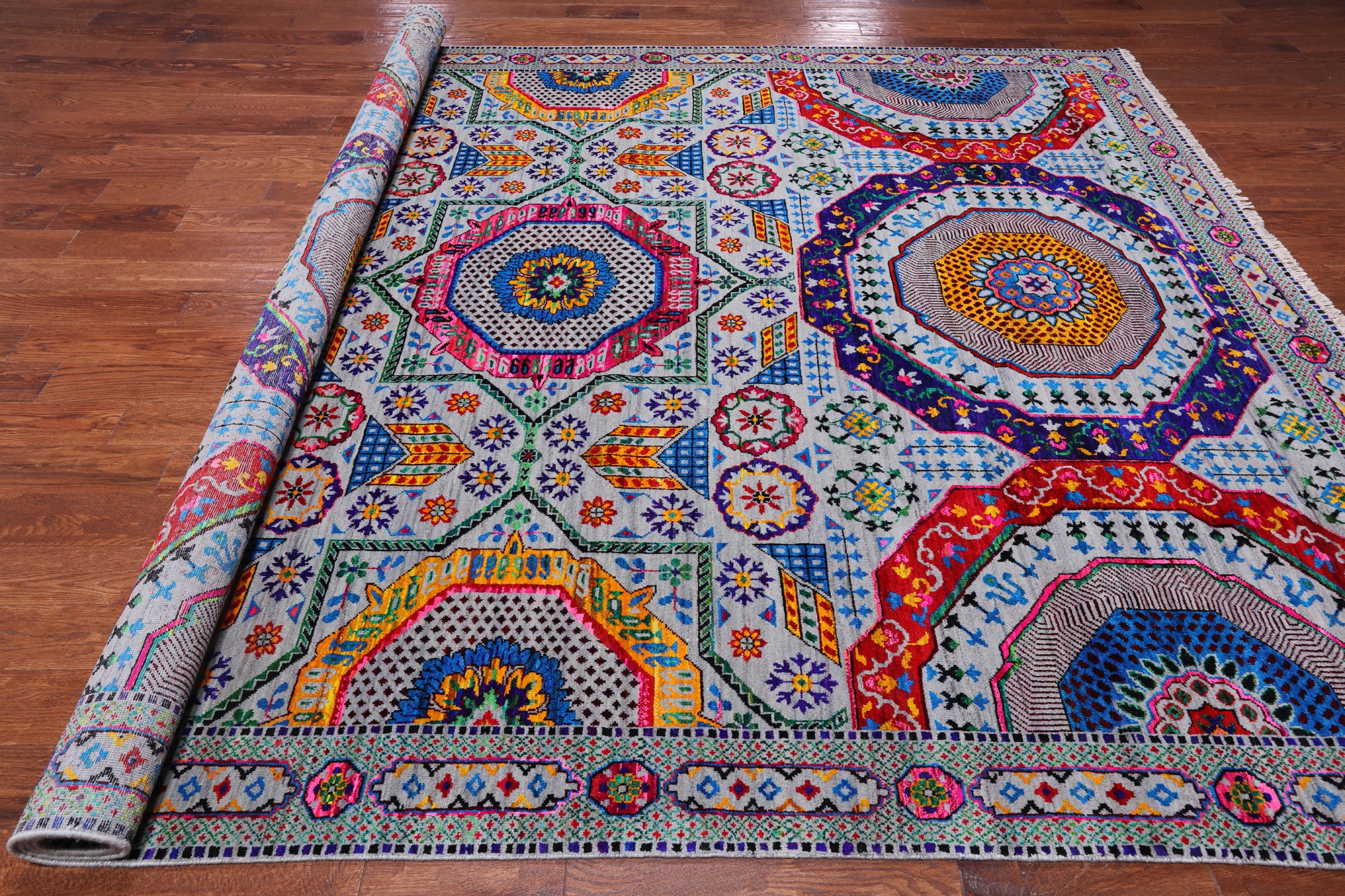 Grey Geometric Persian Mamluk Handmade Wool & Silk Rug - 9' 0" X 12' 0"