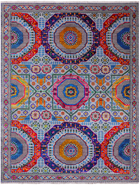 Grey Geometric Persian Mamluk Handmade Wool & Silk Rug - 9' 0" X 12' 0"