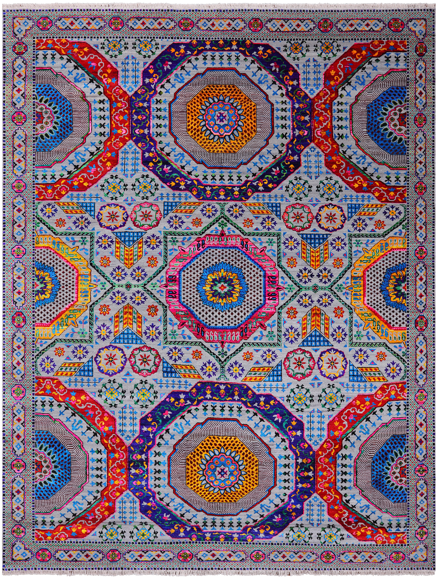 Grey Geometric Persian Mamluk Handmade Wool & Silk Rug - 9' 0" X 12' 0"